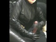 smoking wife in leather gloves and catsuit fucking handjob cumshot 16/16