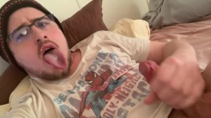 Tongue Out Self Facial, Big Cumshot!