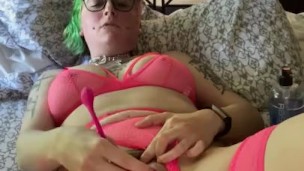 Altgirl in pink cumming with Lovense toy and huge butt plug in ass