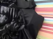 Latex girl full in black rubber and Gasmask chill outs outdoor in garden in a heavy rubber hammock 16/16