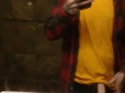 skinny guy in hat and flannel cums in bathroom mirror at work