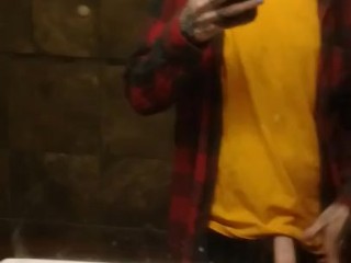 SKINNY GUY IN HAT AND FLANNEL CUMS IN BATHROOM MIRROR AT WORK