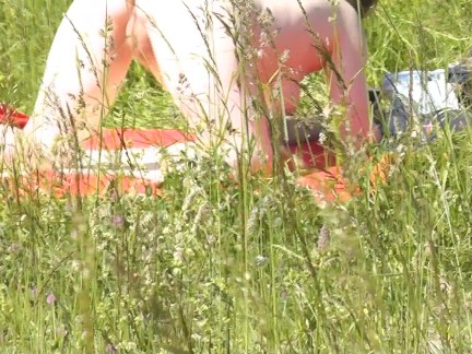 Outside. Wild beach. Random passerby man by river saw naked woman sunbathing. Outdoor. Nudist