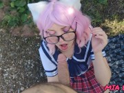 beautiful cute schoolgirl in a skirt and glasses walks and gives a passionate beautiful blowjob