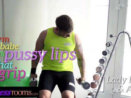 Fitness Rooms leotard babe Lady Dee has her very tight pussy fucked