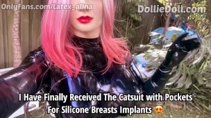Wearing Latex Catsuit with Silicone Breasts Implants For the First Time 