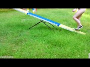 Spunk Covered 19 year old gets a caning on her ass on the seesaw 6/16