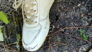 Piss and cum - Cleaning used white sneakers with pee and cum and pee again in the garden