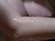 Soapy Big Tits with tan lines, cheating girlfriend play with boobs in shower