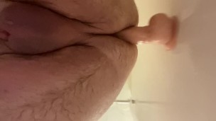 Solo anal action with 10” dildo