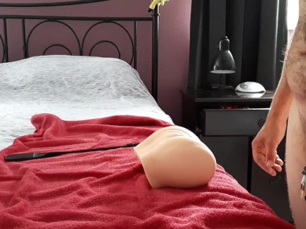 Chastity release slave fucks fake pussy