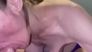Granny loves sucking cock with her saggy boobs hanging and oral creampie/showing cum in mouth 