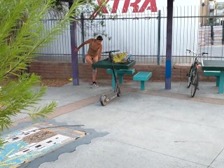 Milf riding scooter naked in public