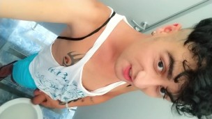 Showing pierced nipples and uncut cock at public toilet cabin