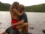 Horny couple pleasuring each other and making love passionately at a volcanic crater lake 10/16