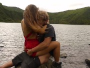 Horny couple pleasuring each other and making love passionately at a volcanic crater lake 12/16