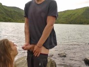 Horny couple pleasuring each other and making love passionately at a volcanic crater lake 16/16