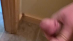 Jerking small cock cum in toilet