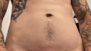 Jerking off into my bellybutton and smearing all over, tattoo male with dirty talk 