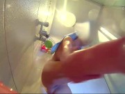 Voyeur camera in the shower. Young nude girl rubs her body with massage oil 5/16