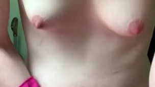 Rub oil into tits with rubber gloves 