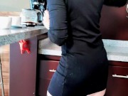 Checking out the new secretary at the office make her coffee