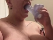 Short Hair Amatuer bbw Deepthroats Dildo before Anally Riding it