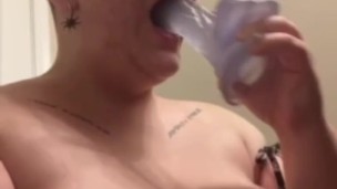 Short Hair Amatuer BBW Deepthroats Dildo before Anally Riding it