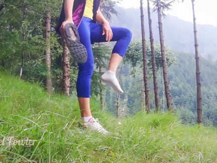 Fit girl spreading powerful pee stream in the forest - Angel Fowler