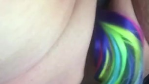 Rainbow pony horse tail anal plug, cougar describes horse fantasy, rubs natural pussy to juicy orgas