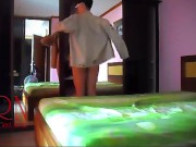 Cute slim lady with glasses tries on haul her boyfriends outfit and underwear. Naked elegant lady in 2/16