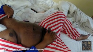 Black Chubby Uncle Sam Fucks Toy Pussy & Jerks Uncut Cock off in Bed, Cums on Hairy Belly