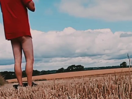 Fat cock and ball weights naked in corn field