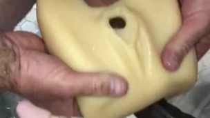 Kendra Lust's stroker toy takes on 3 cocks before getting her pussy covered in cum