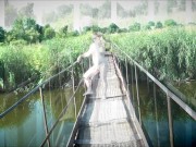 Messalina Dressed in Sun. Outside Outdoor. Nude Milf walks by bridge River. Naturist Nudist Woman 3/16