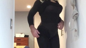Brigitte's Black dress (trans, crossdress, mask, female mask, fetish, blonde, pantyhose, high heels)