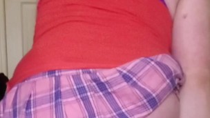 Mini skirt Sissy rides giant BBC dildo