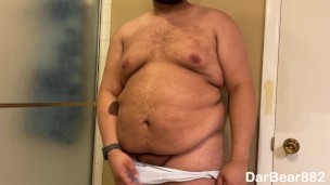 Verbal fat guy talks down to you/degrades you while you watch; oils up chest, moobs, and thighs too