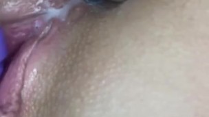Amateur brunette fucks fat wet pussy with dildo and drips cum
