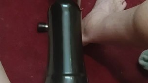 Fuck machine set to hyperdrive slurps my cock!