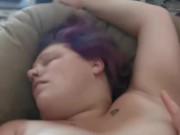 Mistress teasing with a vibrator masturbating while slave watches