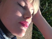 PUBLIC ON A BENCH. A SUNNY DAY A CUTE PUSSY 10/16