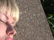 PUBLIC ON A BENCH. A SUNNY DAY A CUTE PUSSY 9/16