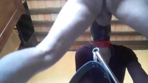 tied, blinfolded and ball gagged then has to suck a big cock, rough deepthroat