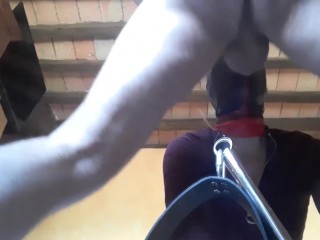 tied, blinfolded and ball gagged then has to suck a big cock, rough deepthroat