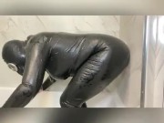 LATEX CATSUIT AND GASMASK SHOWER FUN