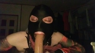 Masked male sucking dildo sloppy and nipple play