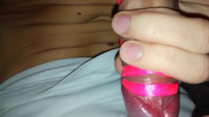 Cute Femboy edges his cock in a ribbon and then cums in his own mouth