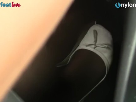 Redhead pedal pumping and upskirt in stockings and flats