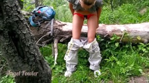 Traveler pissing on the wood on walking trail - risky to be caught Angel Fowler 